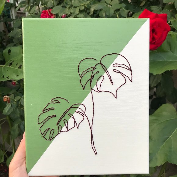 Handmade Embroider Canvas with Leaf Design. Canvas painting with embroidery. Emb - Picture 2 of 2